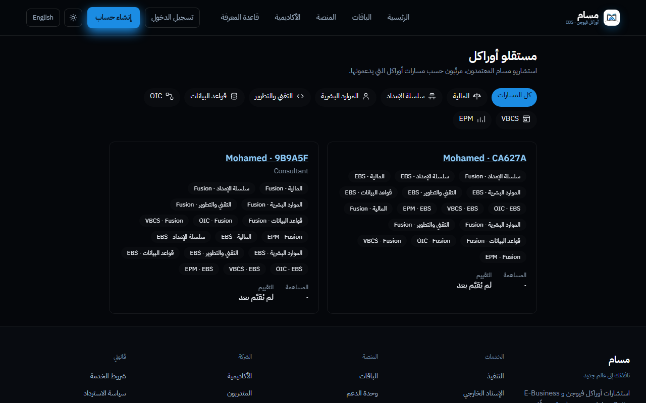 دليل الاستشاريين العام، حيث يظهر كل شخص باسمه الأول ورمز تعريفي بدلًا من الاسم الكامل.