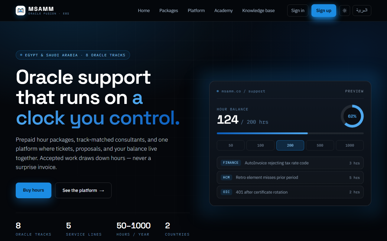 The MSAMM home page: the top navigation, the hero, and a preview of the support console showing an hour balance.