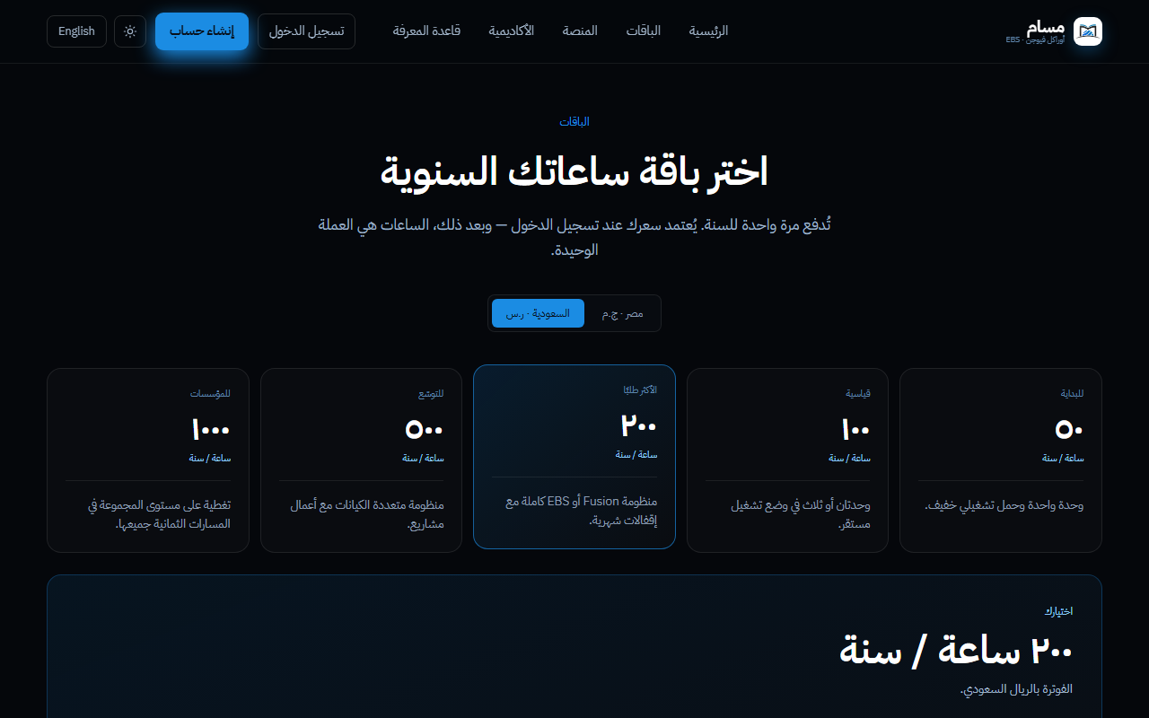 صفحة باقات الساعات: خمس باقات سنوية من خمسين إلى ألف ساعة، مع زر للتبديل بين السعر المصري والسعودي.